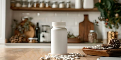Blank White Supplement Bottle on Modern Kitchen Counter