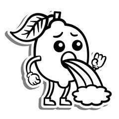 Black line Retro Cartoon Lemon Vomit on white silhouette and gray shadow. Doodle Style Vector illustration for decorate, coloring and any design.