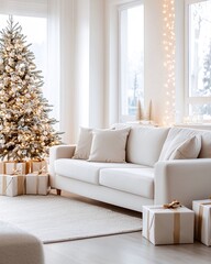 Fototapeta premium Cozy Living Room with Christmas Tree and Gift Boxes in Daylight