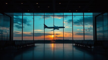 Fototapeta premium From the vantage point of the airport terminal, an airplane takes flight, its sleek silhouette contrasting against the open sky. 