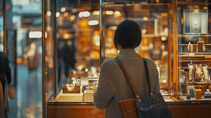 A woman stands looking at a shop window display filled with luxury items.