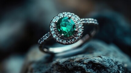 Emerald engagement rings set on a natural stone