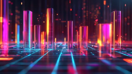 3D abstract bar graph glowing on a vibrant tech grid, depicting continuous business progress.