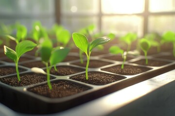 Dicot seedlings growing in greenhouse trays with sunlight background.