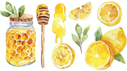 Honey Comb Dipper Lemon Set Watercolor Isolated