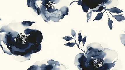 Seamless Ink Wash Rose Pattern with Flowing Brushstrokes in Dark Gray and Ivory White, Inspired by Traditional Chinese Painting Techniques, Elegant Design for Interior Wallpaper