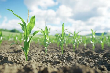 Young corn plants growing on the field on a sunny day. Selective focus.