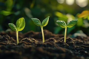 Fototapeta premium baby plants growing in germination sequence on fertile soil with natural green background