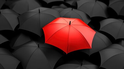 A single red umbrella stands out from a crowd of black umbrellas.