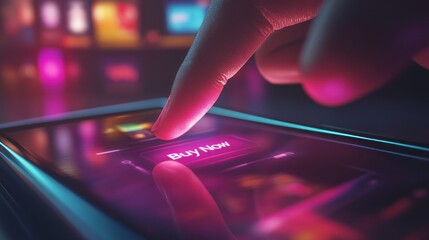 Finger pressing vivid 'Buy Now' on mobile device screen