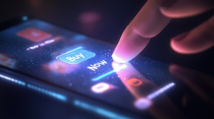 Finger touching illuminated buy button on a smartphone screen
