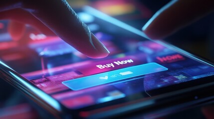 Finger about to press digital buy now button on phone screen