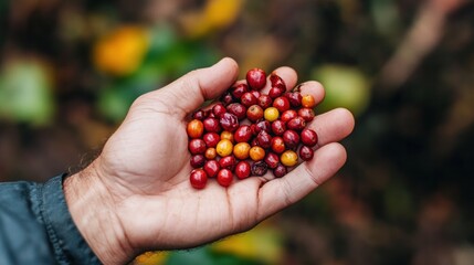 palm gripping coffee beans with dried fruit