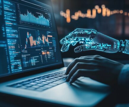 Robotic arm and human hand working with financial data.