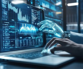 Artificial hand working on laptop with data charts.