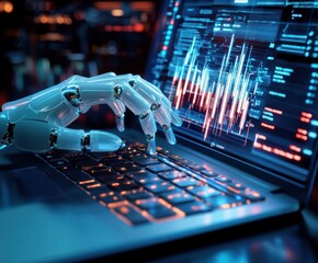 Robot hand typing on laptop with data on screen.