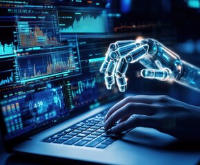 Robotic arm interacts with laptop displaying stock data.