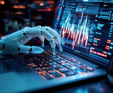 Robot hand typing on laptop with data on screen.