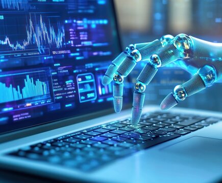 Robot hand touching laptop keyboard with data visuals.