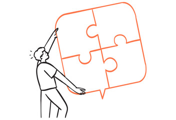 Doodle line drawing of man connecting jigsaw puzzle together. Personal mind and skill capacity and potential. Logical thinking and imagination process concept in line doodle style.