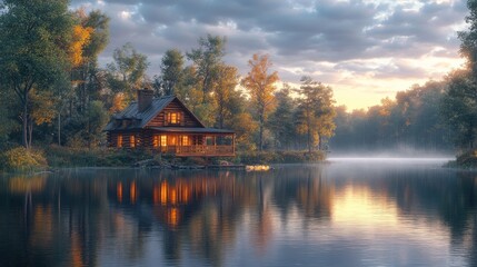 Fototapeta premium Serene lakeside cabin at sunset with warm reflections.