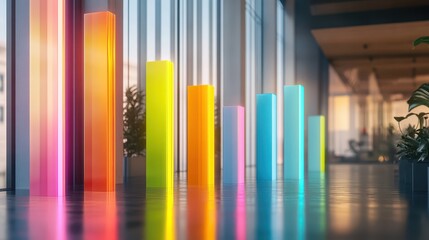 Obraz premium A bar graph depicting business growth from 0 to 100 with vibrant colors, each bar distinctly marked, set against a modern office background.