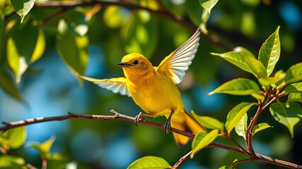 A vibrant yellow bird with shimmering plumage flits between lush green leaves on a sunny branch, its bright