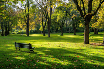 Fototapeta premium A lawn in a park with trees and a bench