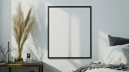 blank square frame on a white wall in a bedroom