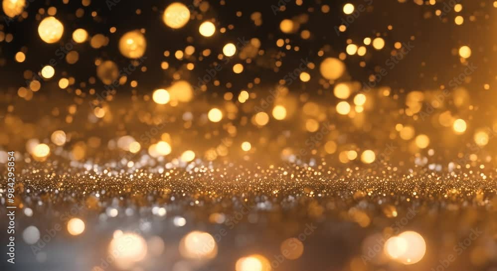 Poster falling bright golden particles animation of dust and shiny dots beautiful bokeh rain of orange part