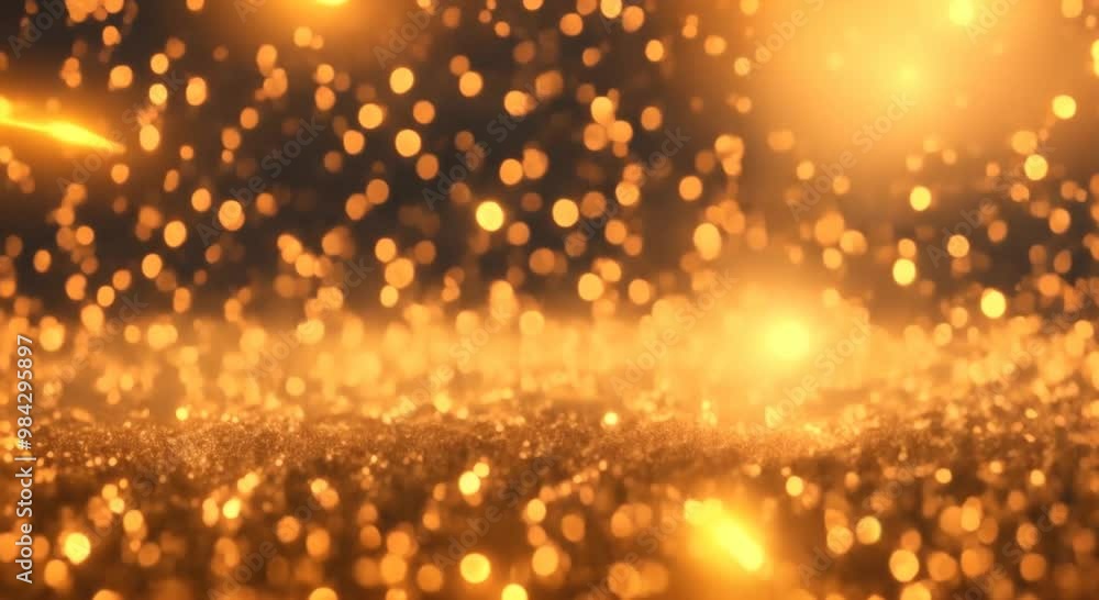 Poster falling bright golden particles animation of dust and shiny dots beautiful bokeh rain of orange part