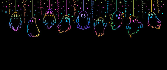 Halloween garland with doodle style ghosts on dark background.