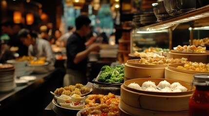 Fototapeta premium Delicious Dim Sum Cart with Vegetable Dumplings and Chili Oil in Vibrant Restaurant Scene