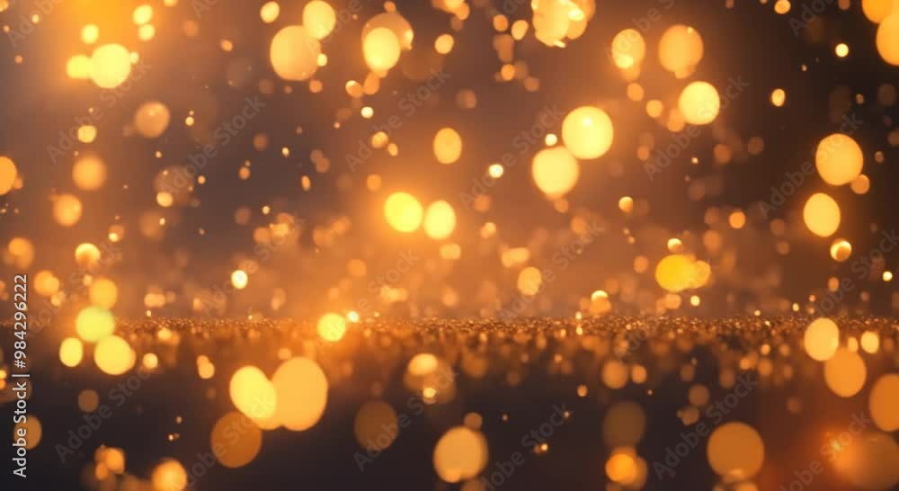 Poster falling bright golden particles animation of dust and shiny dots beautiful bokeh rain of orange part