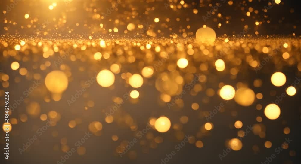 Poster falling bright golden particles animation of dust and shiny dots beautiful bokeh rain of orange part