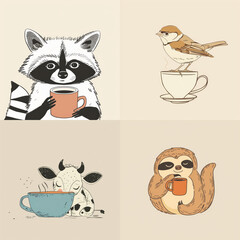 Fototapeta premium set of animals on light backdrop front view. stickers with different cute animals with cup of coffee. animal drawings in autumn, winter. funny raccoon, bird, cow, sloth isolated on background