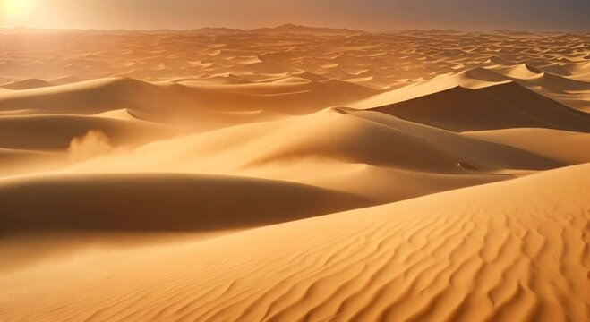 Golden Desert Sun A wide shot of the majestic Egyptian desert under the radiant golden sun with towering sand dunes stretching to the infinite horizon 4k animation
