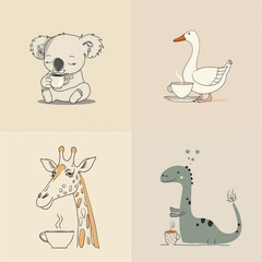 Fototapeta premium set of animals on light backdrop front view. stickers with different cute animals with cup of coffee. animal drawings in autumn, winter. funny koala, goose, giraffe, dinosaur isolated on background