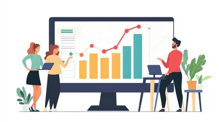 A bar graph on a computer screen showing steady growth from 0 to 100. Smiling colleagues are gathered around, appreciating the upward trend.