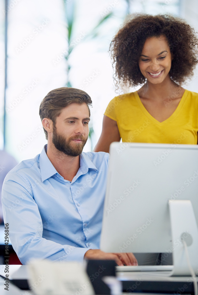 Poster office, businessman and mentor with computer for results, page update and online information. employ