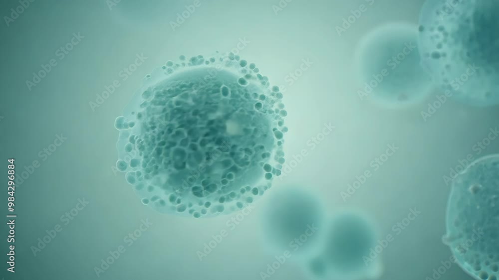 Poster microscopic cells floating in a teal, fluid environment, highlighting cellular structure and biologi