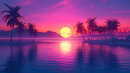 A serene sunset over a tropical beach with palm trees reflecting on the calm water.