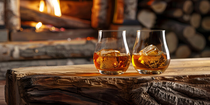 Two Glasses of Whiskey on Rustic Wooden Board
