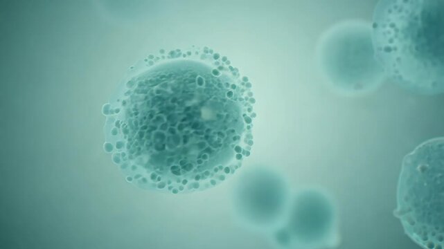microscopic cells floating in a teal, fluid environment, highlighting cellular structure and biological processes