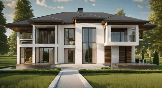 Photorealistic modern villa near the forest hi tech neoclassic patterned facade panels sharp angle parapets futuristic shapes 4k animation