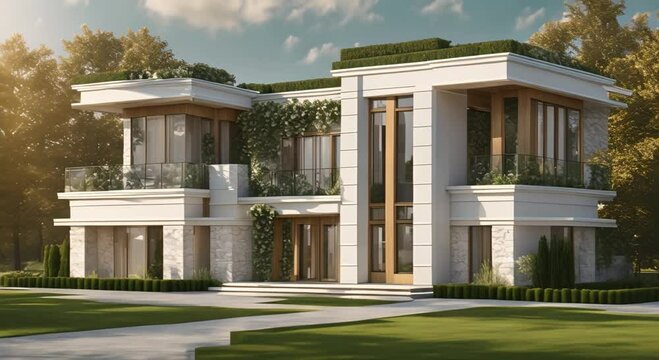 Photorealistic modern villa near the forest hi tech neoclassic patterned facade panels sharp angle parapets futuristic shapes 4k animation