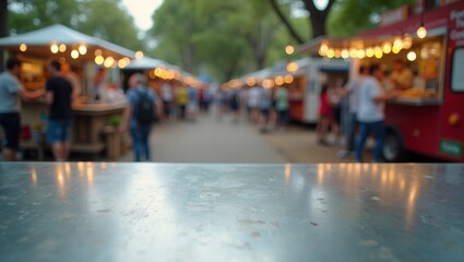 Fototapeta premium Vibrant food truck park scene with stainless steel foreground