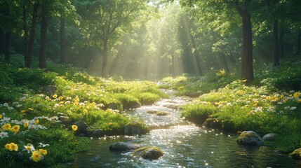 Serene forest scene with a flowing stream and blooming flowers.