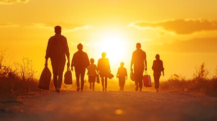 Fototapeta premium Large Family Walking into Sunset on Sandy Beach During Summer Vacation