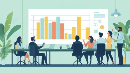 Obraz premium A bar graph projected on a meeting room wall showing steady growth from 0 to 100. Happy professionals are gathered around, celebrating the progress.